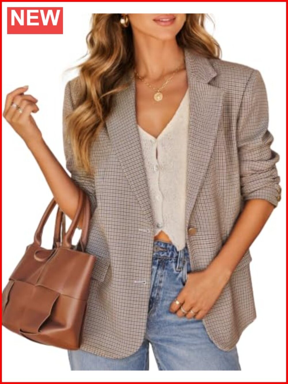 Women's Plaid Long Sleeve Blazer Business Casual Houndstooth Padded